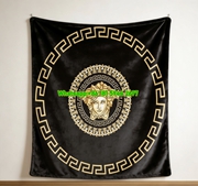 Versace Black Gold Medusa Greek Key Round Pattern Print Flannel Sofa Throw Blanket IMG_1305